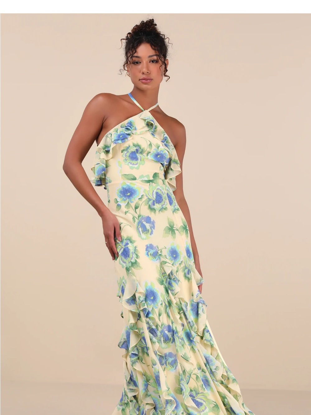 Lulu's Yellow Halter Floral Ruffle Maxi Dress